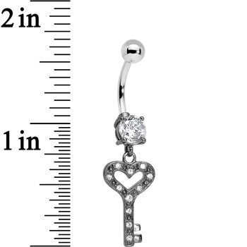 925 Sterling Silver Clear Gem Heart Key Dangle Belly Ring