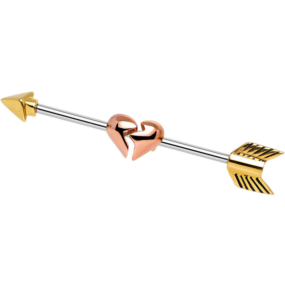 Gold Plated Arrow to a Rose Gold Broken Heart Industrial Barbell 32mm