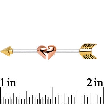 Gold Plated Arrow to a Rose Gold Broken Heart Industrial Barbell 32mm