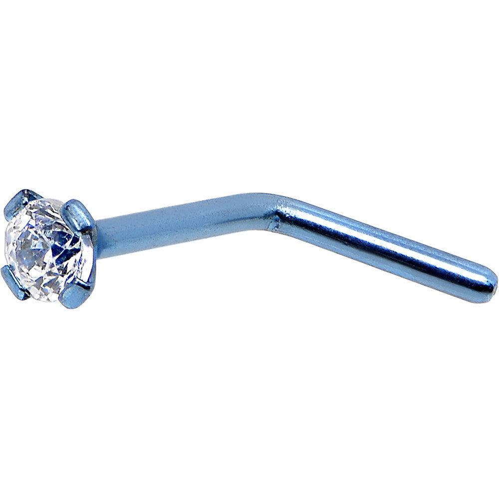 20 Gauge 1/4 Clear CZ Light Blue Titanium IP L-Shaped Nose Ring