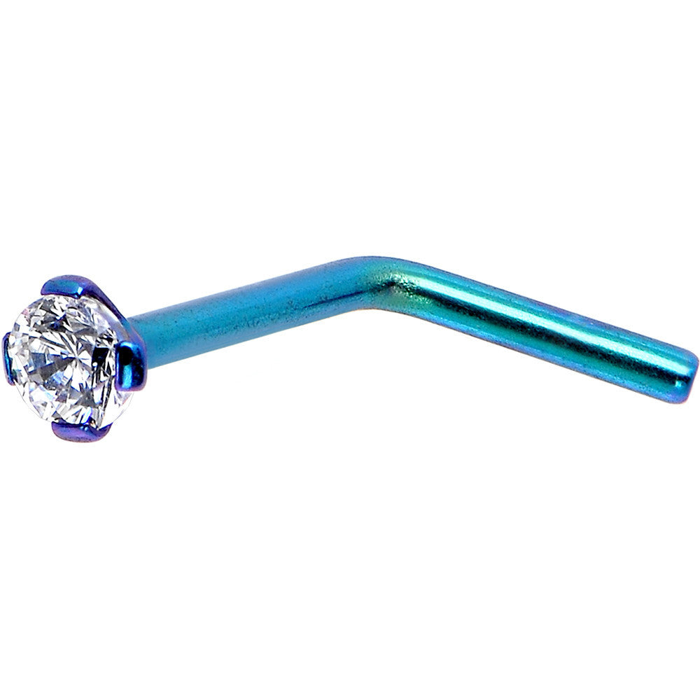 20 Gauge 1/4 Clear CZ Blue Green Titanium IP L-Shaped Nose Ring