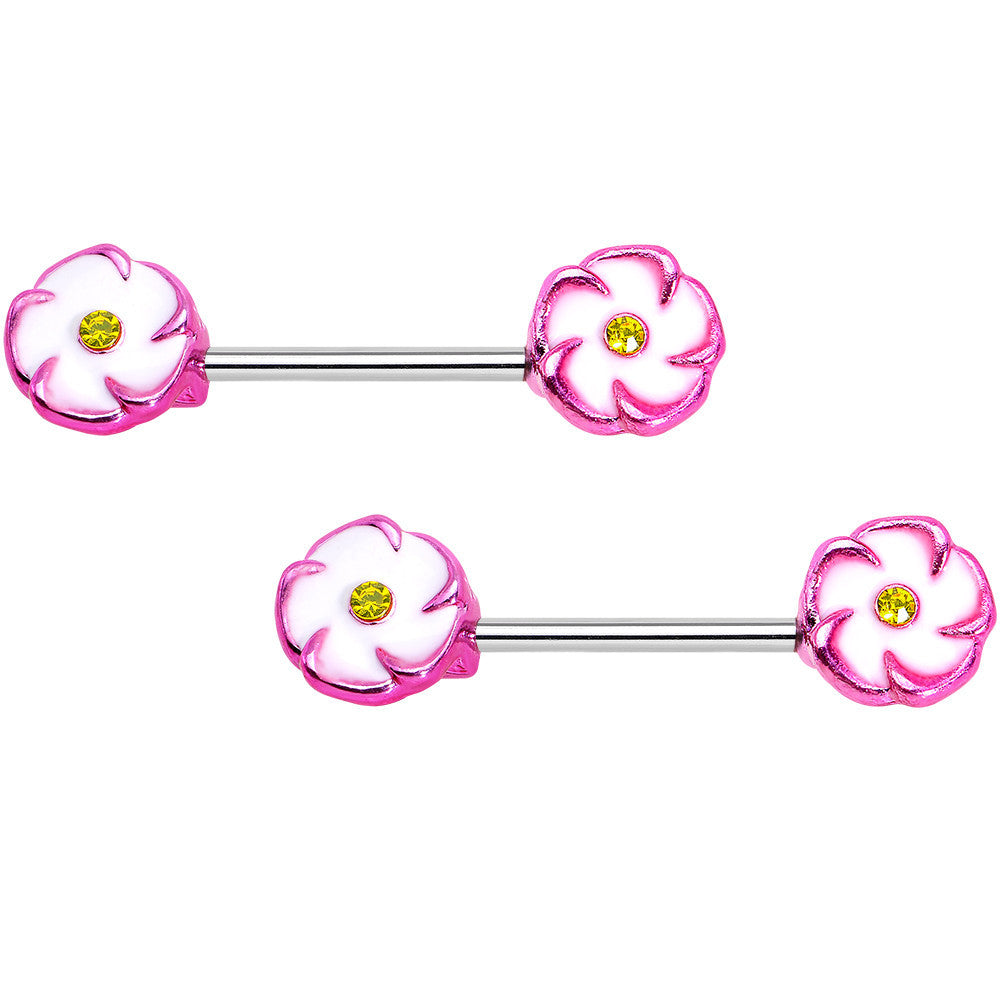 316L Stainless Steel Pink White Double Flower Nipple Barbell Set