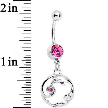 Pink Gem Double Dolphin Swirl Dangle Belly Ring