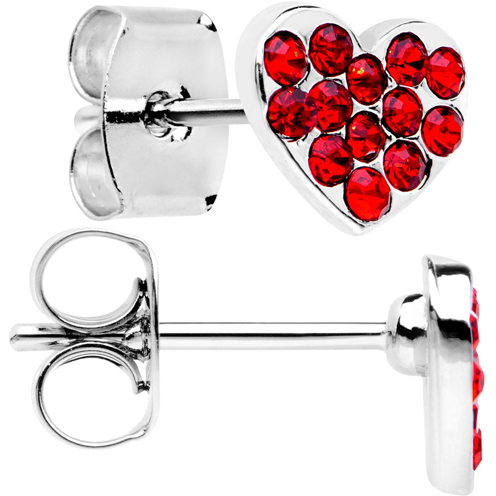 Stainless Steel Red Gem Sparkling Heart Stud Earrings