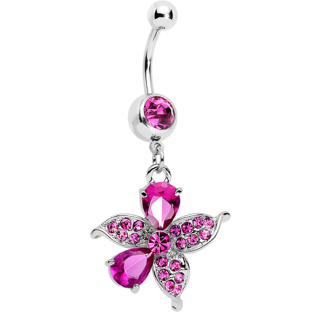 Pink Jeweled Tropical Flower Dangle Belly Ring