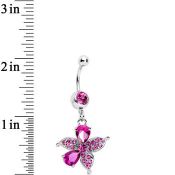 Pink Jeweled Tropical Flower Dangle Belly Ring