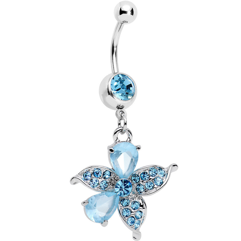 Blue Jeweled Tropical Flower Dangle Belly Ring