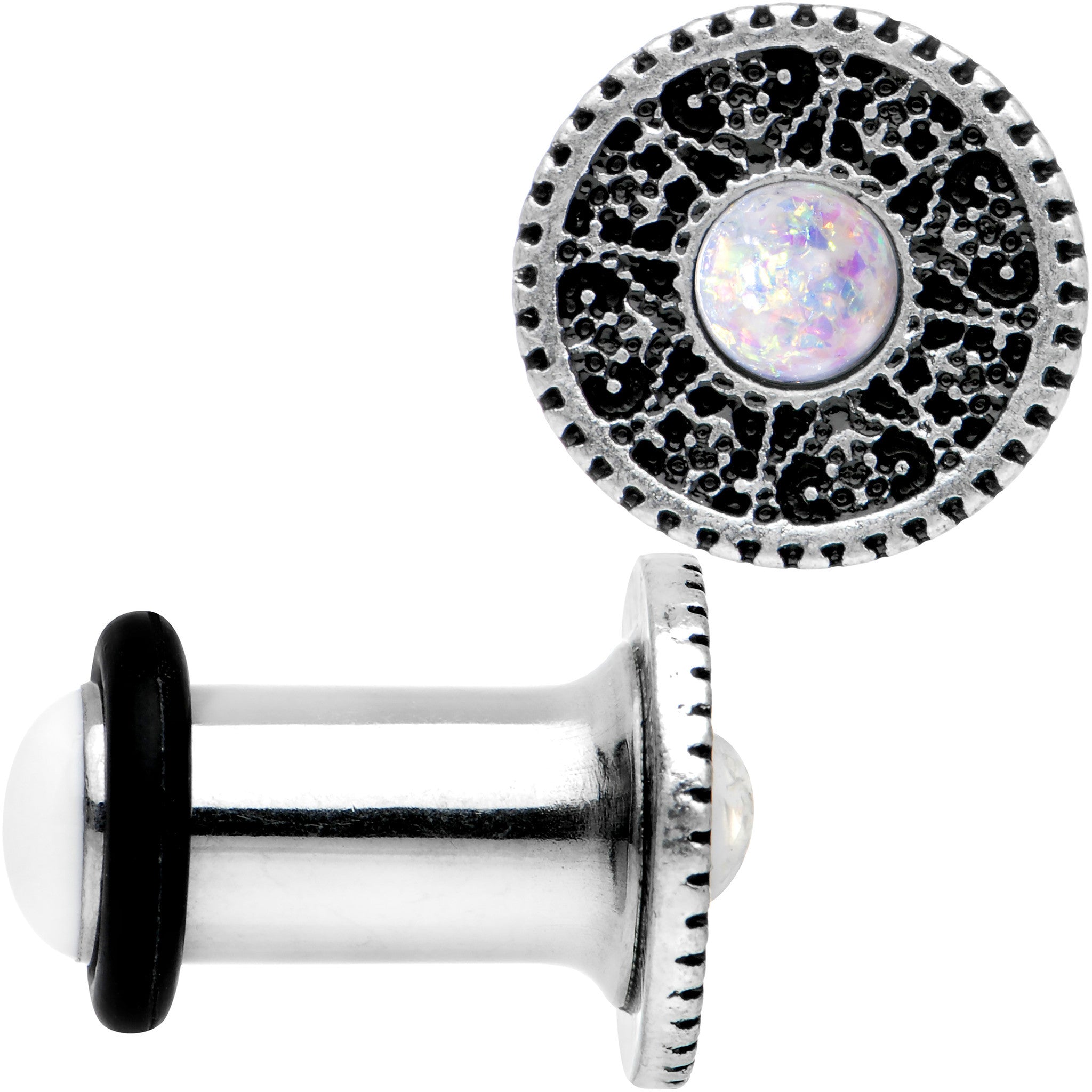 2 Gauge Stainless Steel Sky Wheel White Synthetic Opal Plug Set