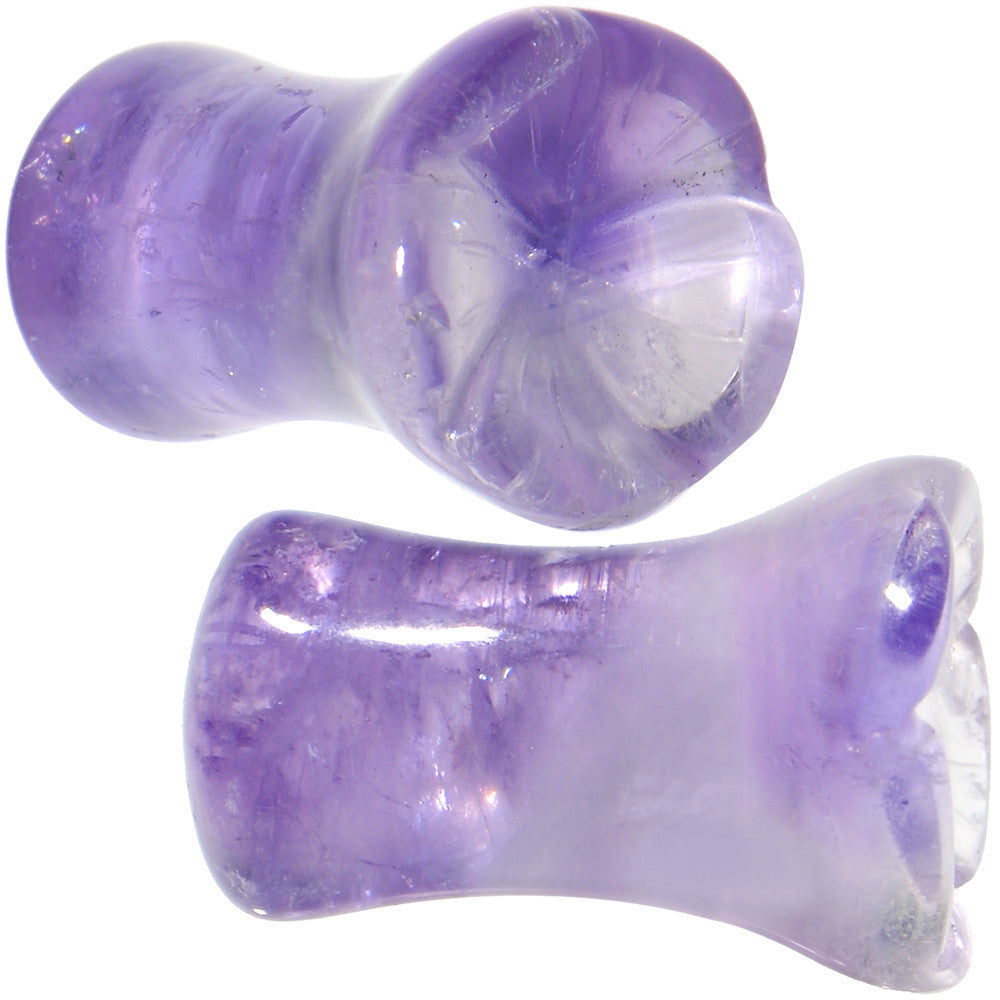 2 Gauge Natural Amethyst Stone Carved Flower Saddle Plug Set