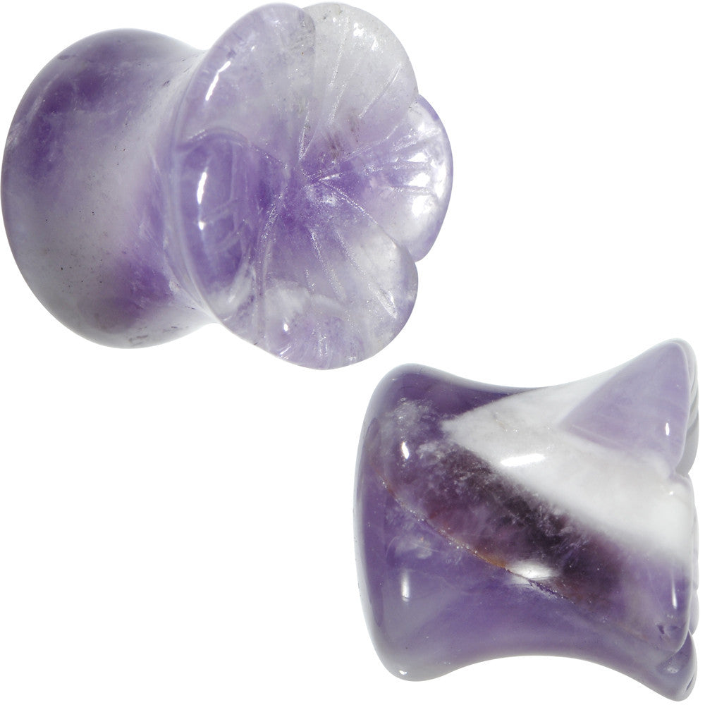 00 Gauge Natural Amethyst Stone Carved Flower Saddle Plug Set