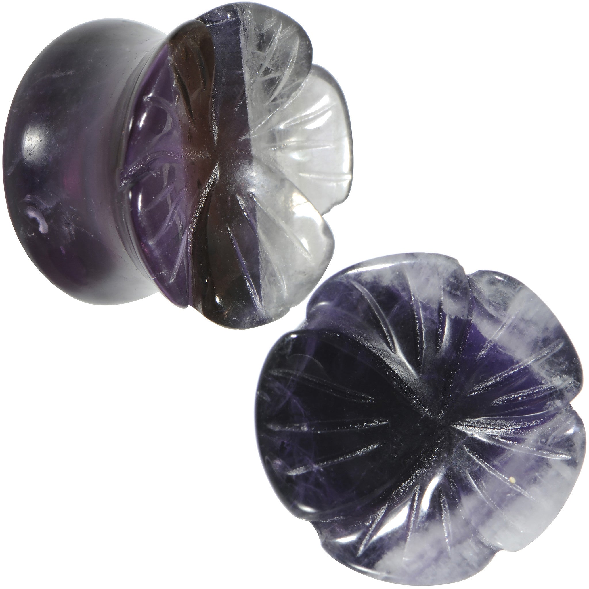 9/16 Natural Amethyst Stone Carved Flower Saddle Plug Set