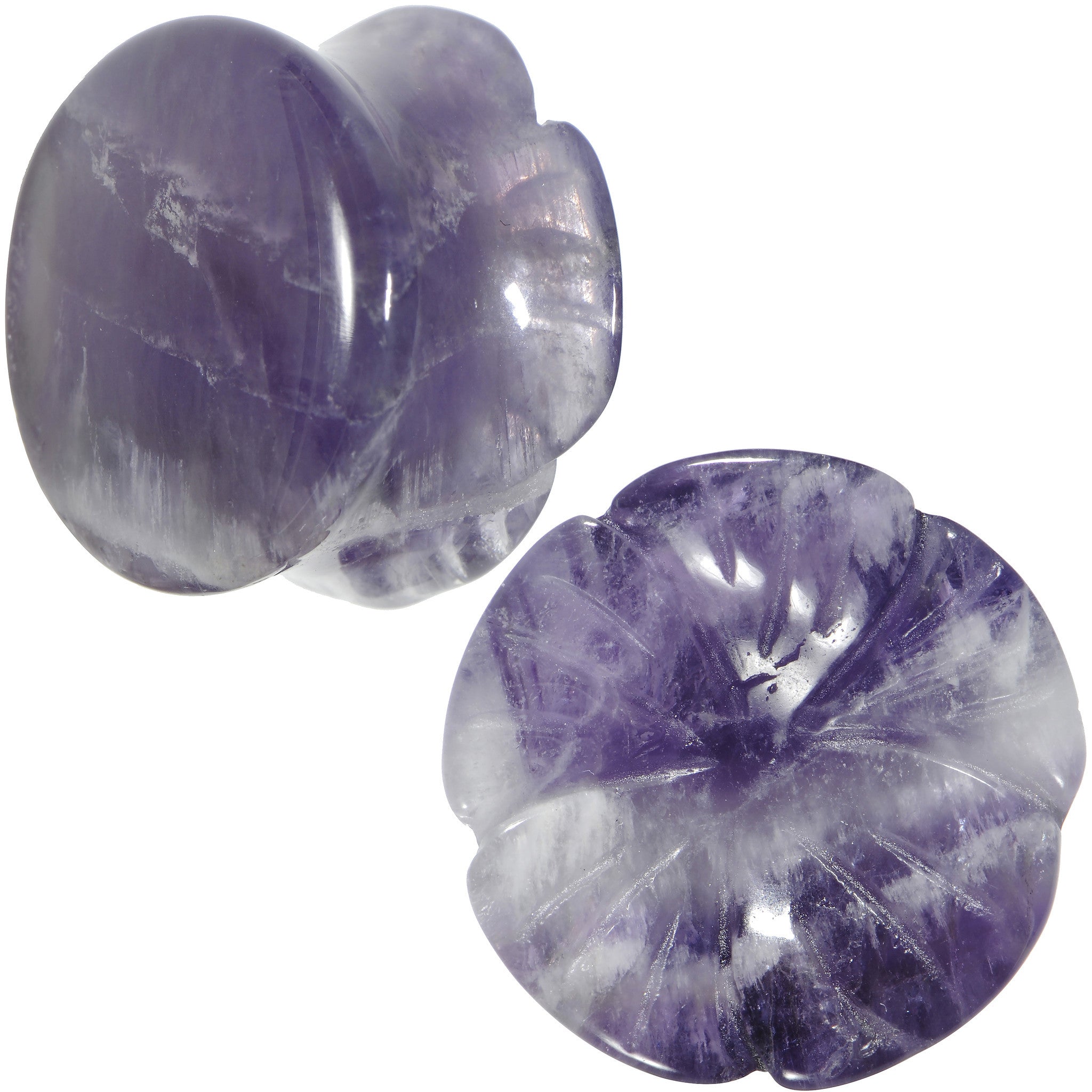 3/4 Natural Amethyst Stone Carved Flower Saddle Plug Set