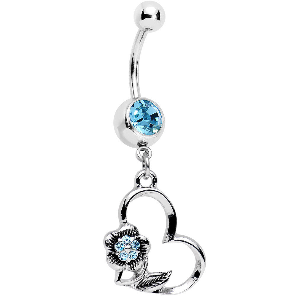 Aqua Gem Hollow Heart Flower Dangle Belly Ring