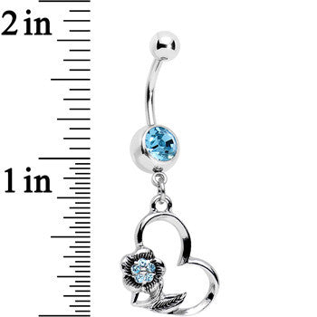 Aqua Gem Hollow Heart Flower Dangle Belly Ring