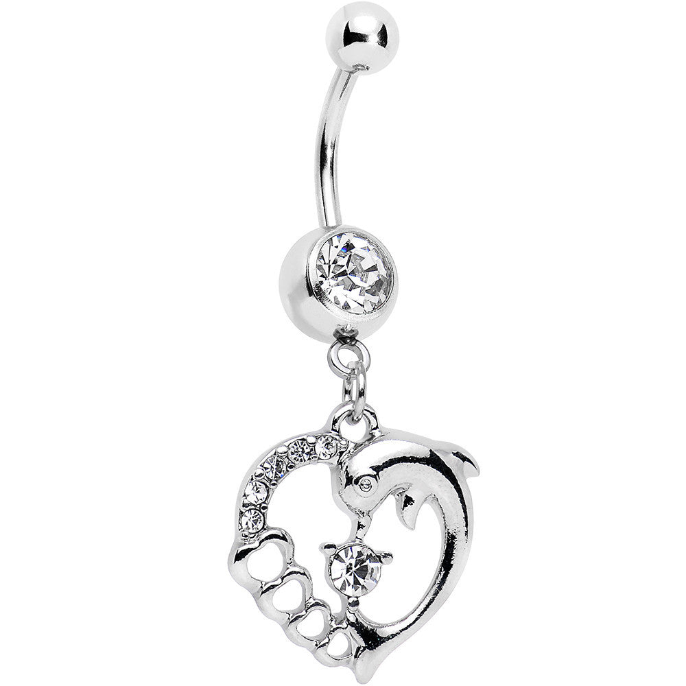 Clear Gem Complete Heart Dolphin Dangle Belly Ring