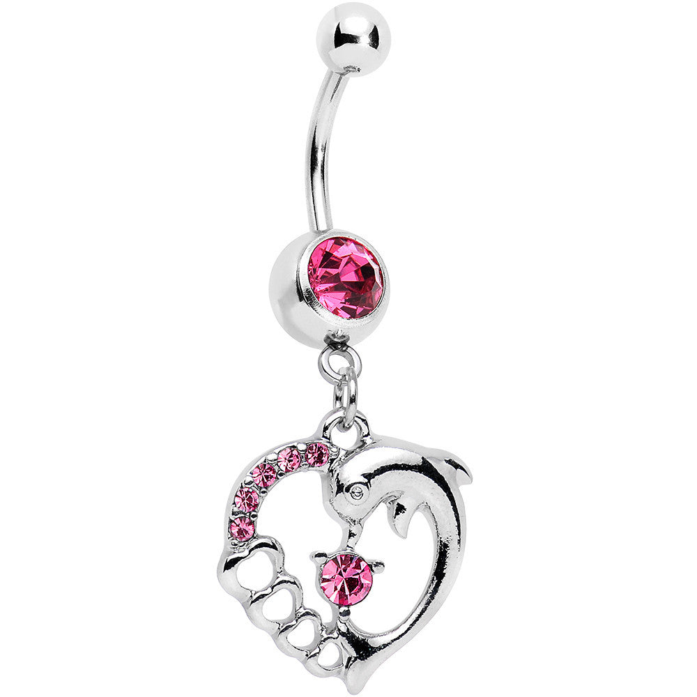 Pink Gem Complete Heart Dolphin Dangle Belly Ring