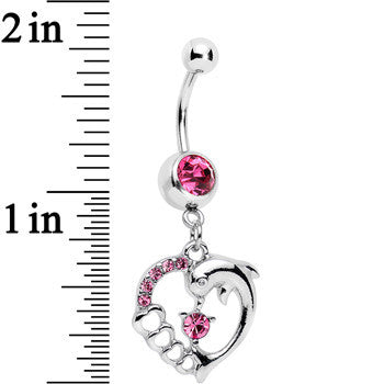 Pink Gem Complete Heart Dolphin Dangle Belly Ring