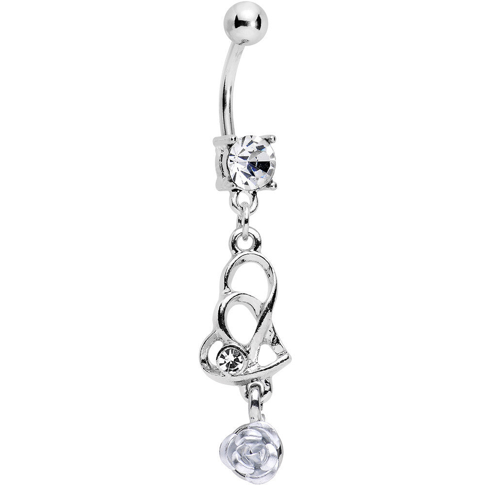 Clear Gem Heart with Garden Rose Flower Dangle Belly Ring