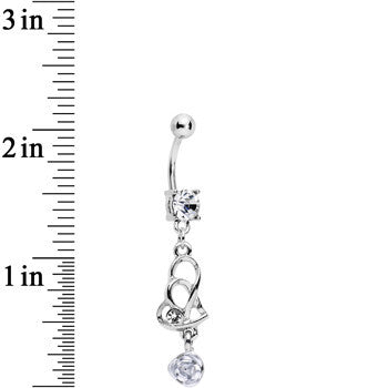 Clear Gem Heart with Garden Rose Flower Dangle Belly Ring