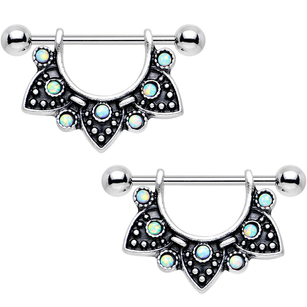 Green Iridescent Synthetic Opal Ancient Aztec Dangle Nipple Shield Set