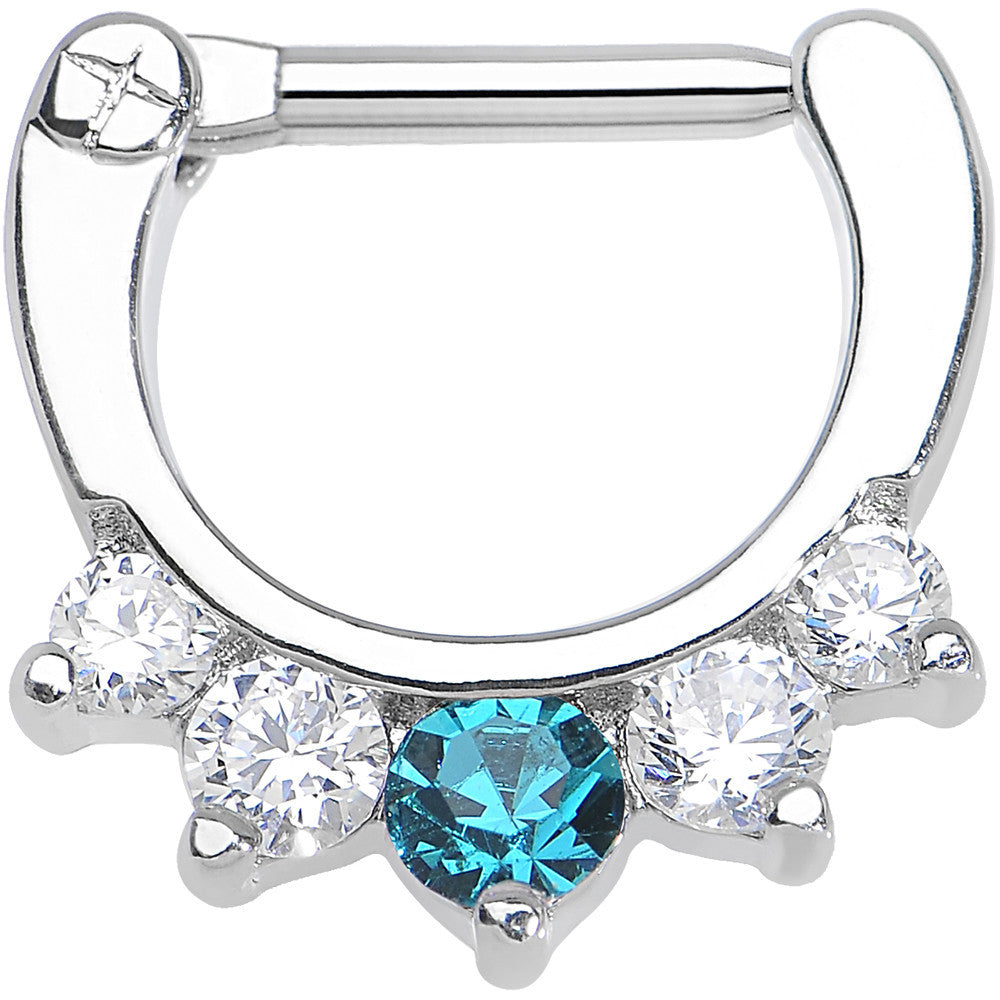 14 Gauge 5/16 Five Clear and Blue Cubic Zirconia Septum Clicker