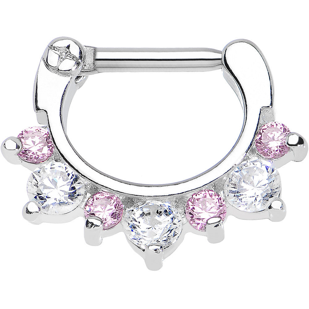 14 Gauge 5/16 Seven Pink and Clear Cubic Zirconia Septum Clicker