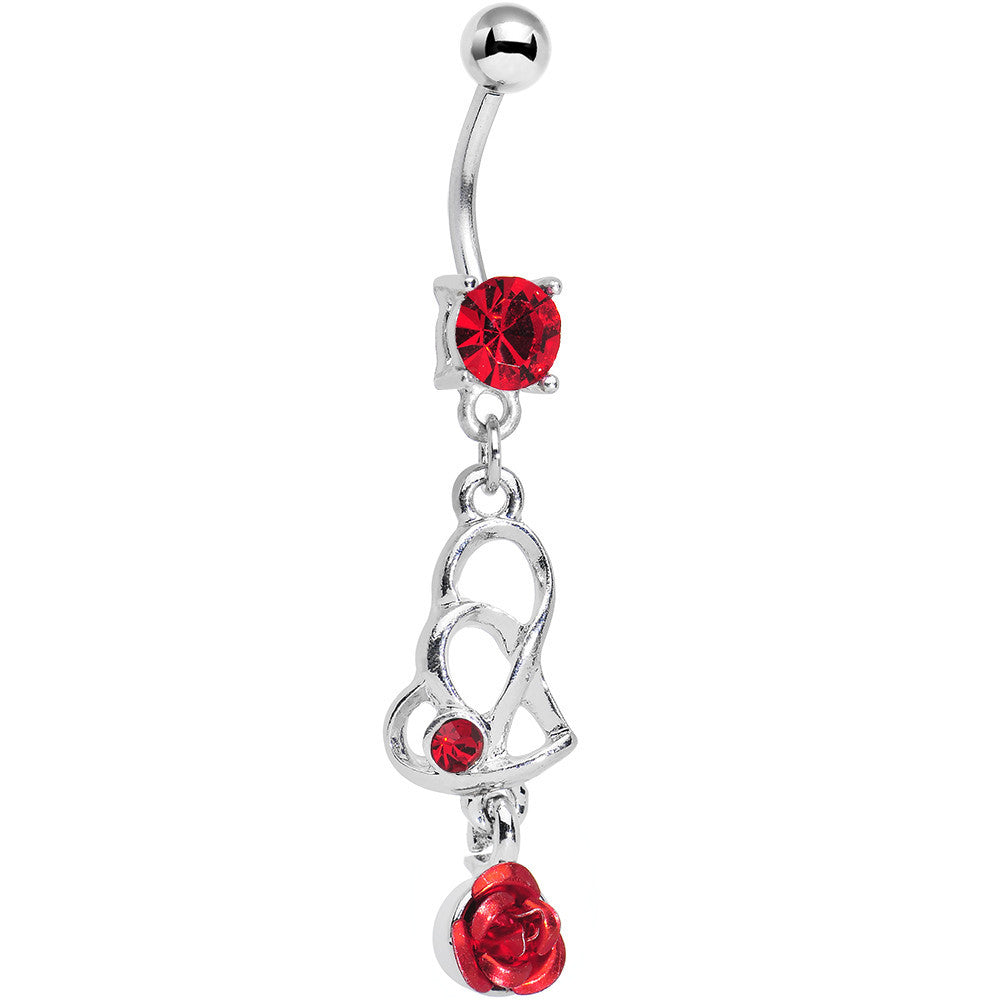 Red Gem Rose Flower Twisted Hearts Dangle Belly Ring