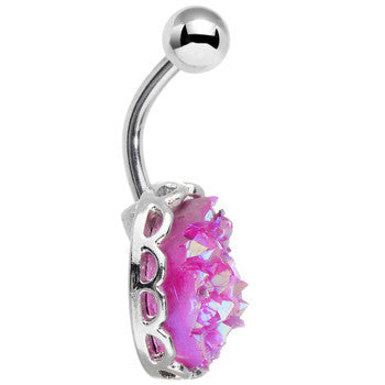 Pink Faux Druzy Scalloped Setting Belly Button Ring