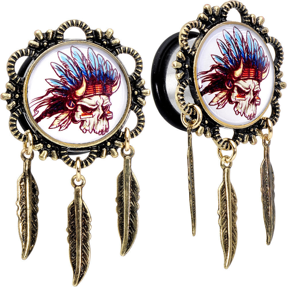 5/8 Steel Indian Skull Single Flare Feather Dangle Plug Set