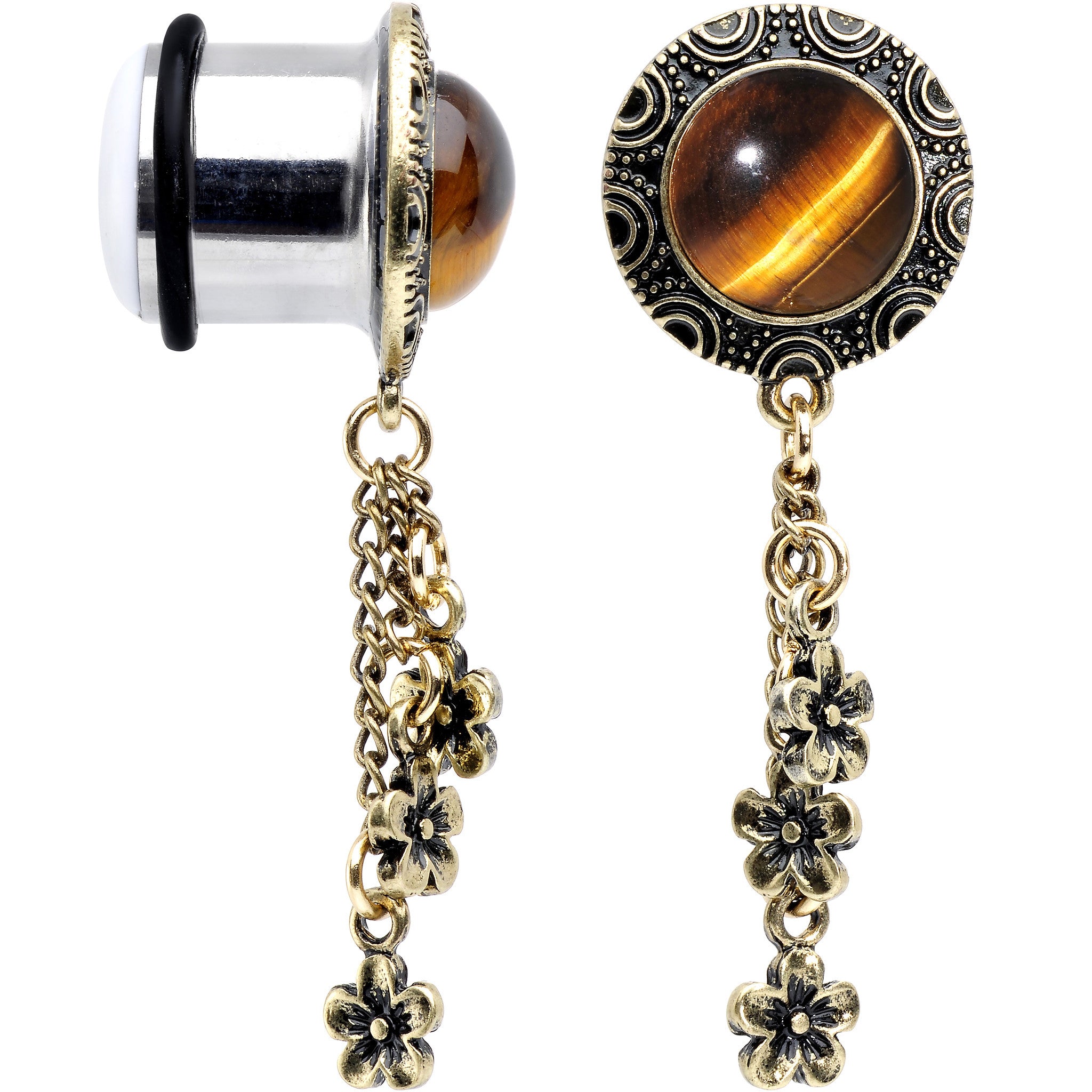 9/16 Tiger Eye Stainless Steel Flower Dangle Single Flare Plug Set