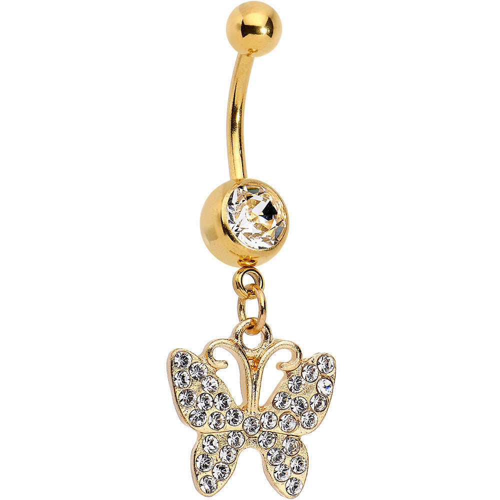 Clear Gem Butterfly Dangle Belly Ring Created with Crystals