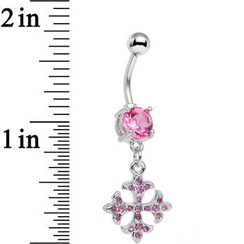 Pink Cubic Zirconia Cathedral Cross Dangle Belly Ring