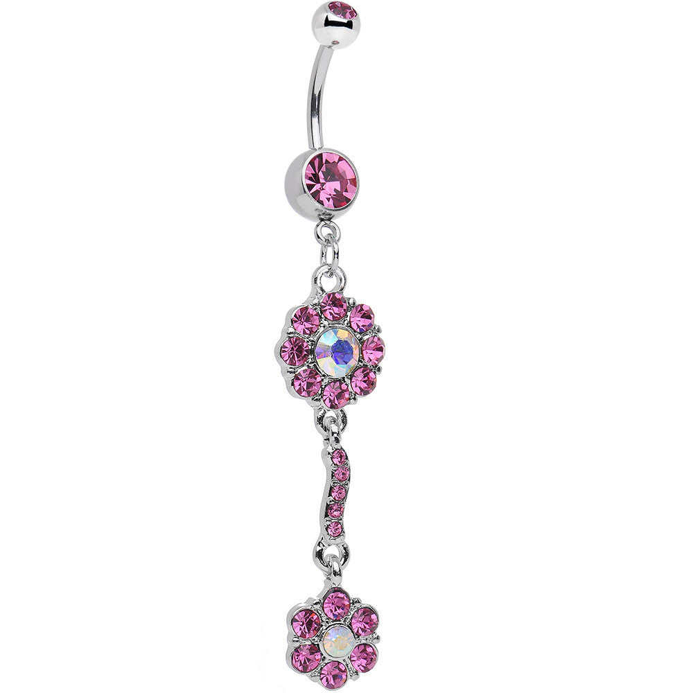 Pink and Aurora Double Flower Dangle Belly Ring