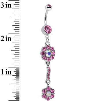 Pink and Aurora Double Flower Dangle Belly Ring