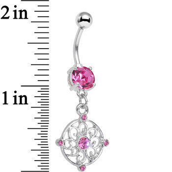 Pink CZ Scrolling Medallion Dangle Belly Ring