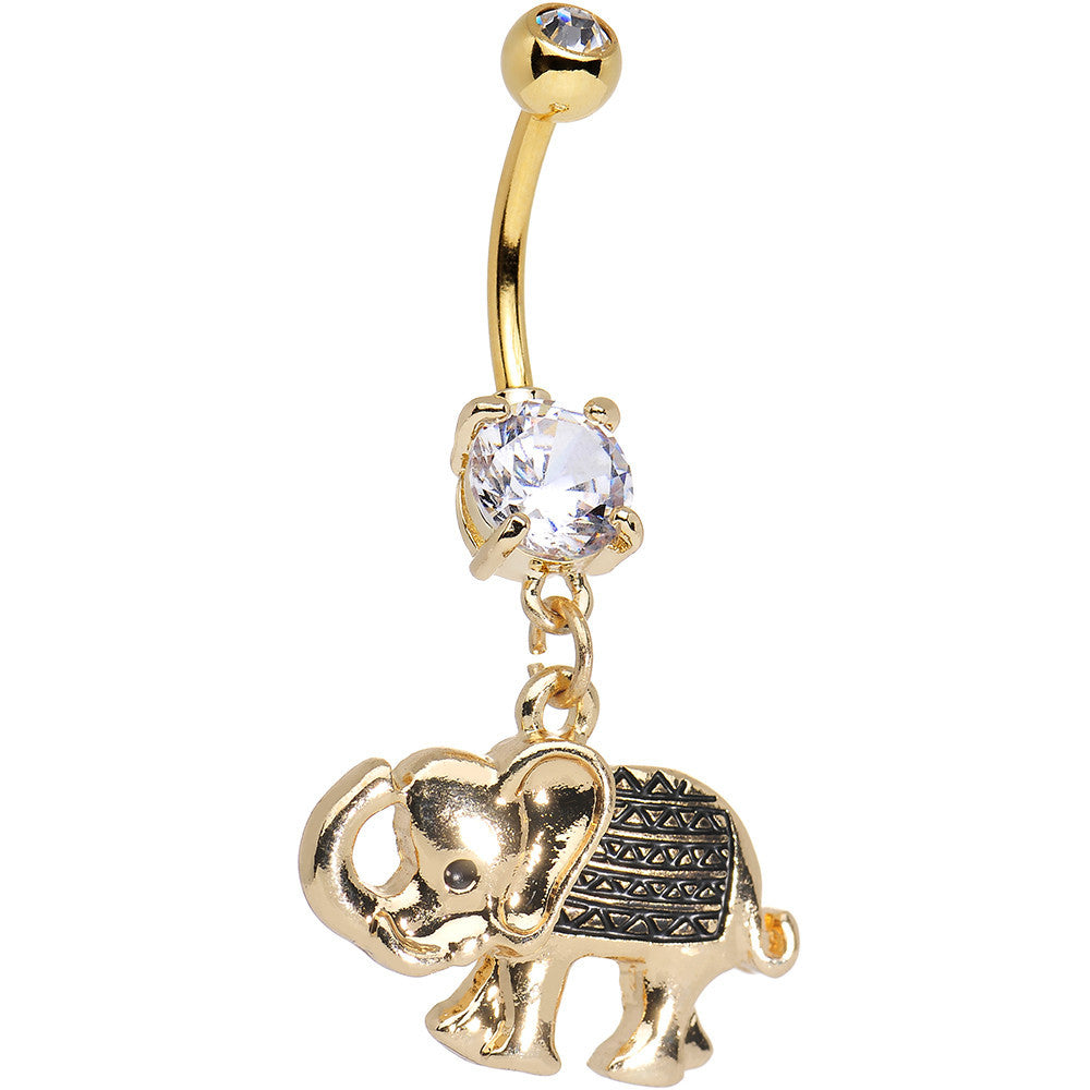 Clear Gem Gold Anodized Aztec Elephant Dangle Belly Ring