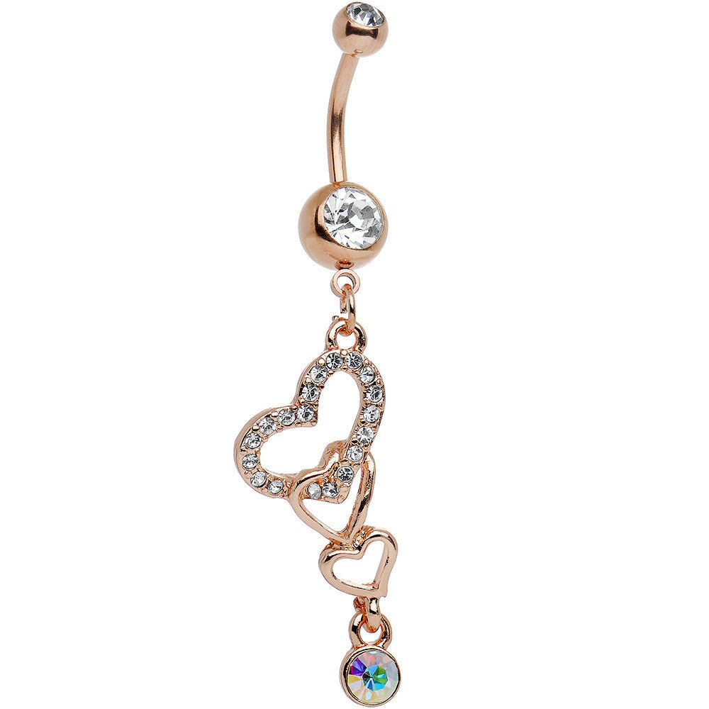 Clear Aurora Gem Rose Gold Anodized Triple the Love Dangle Belly Ring