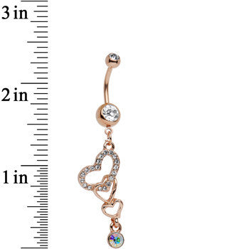 Clear Aurora Gem Rose Gold Anodized Triple the Love Dangle Belly Ring