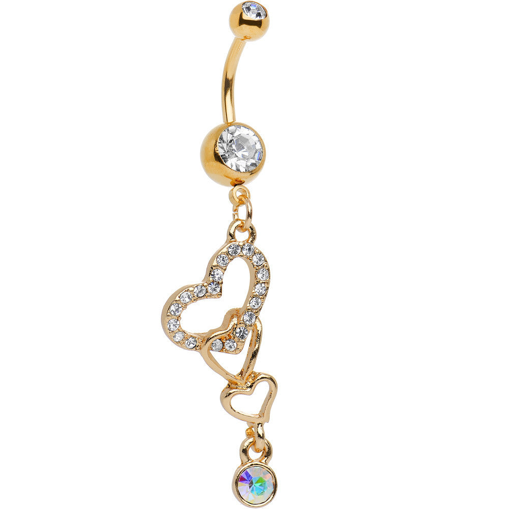 Clear Aurora Gem Gold Anodized Triple the Love Dangle Belly Ring