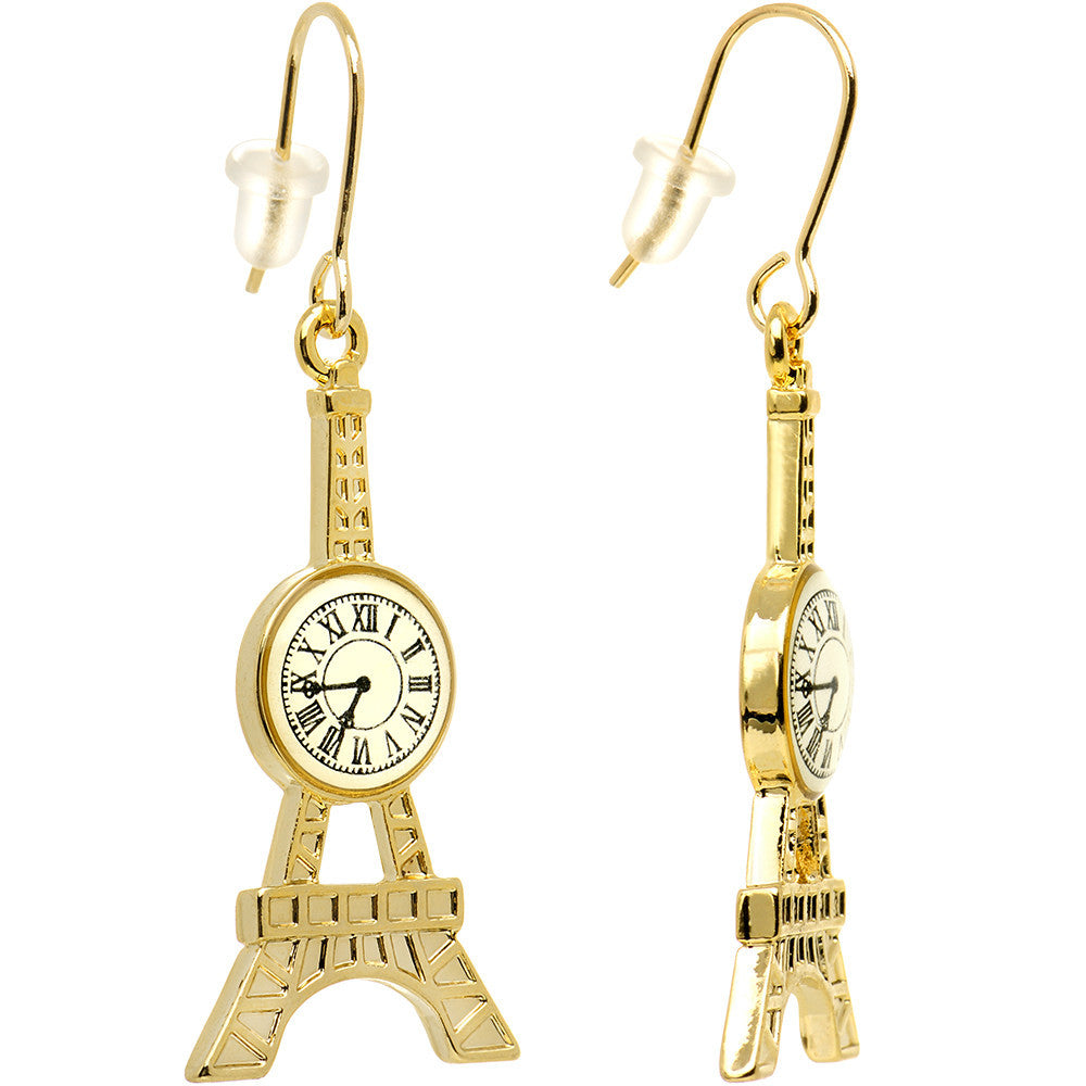 Gold Tone Stainless Steel Clock Eiffel Tower Fish Hook Dangle Earrings