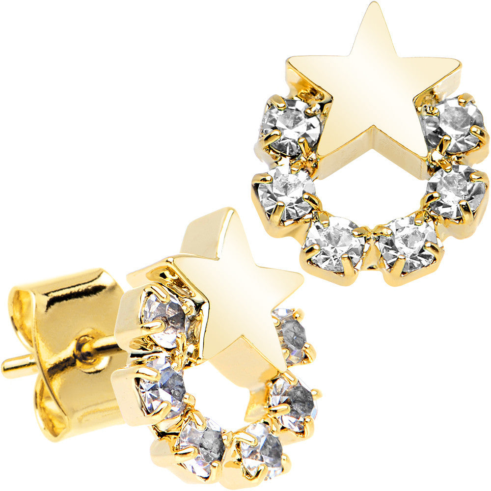 Gold Tone Stainless Steel Post Clear Wreath Star Earrings