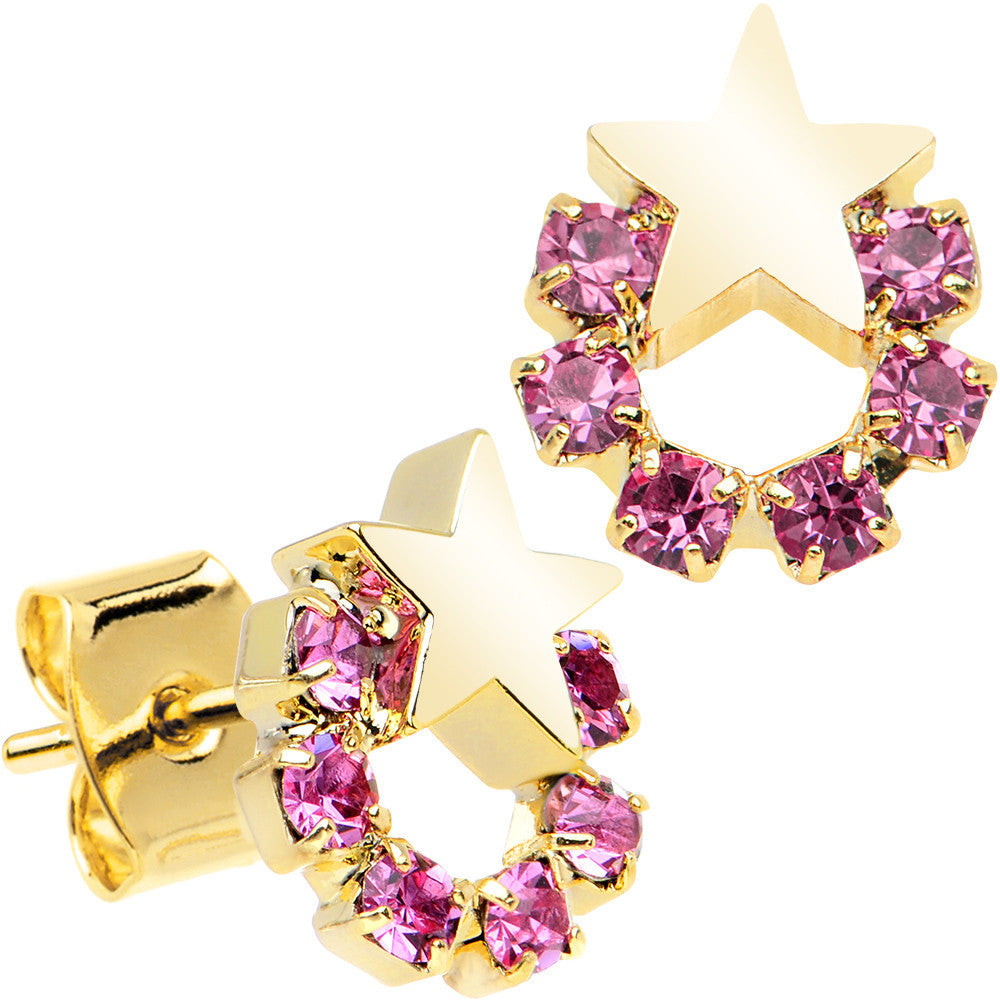 Gold Tone Stainless Steel Post Pink Wreath Star Stud Earrings