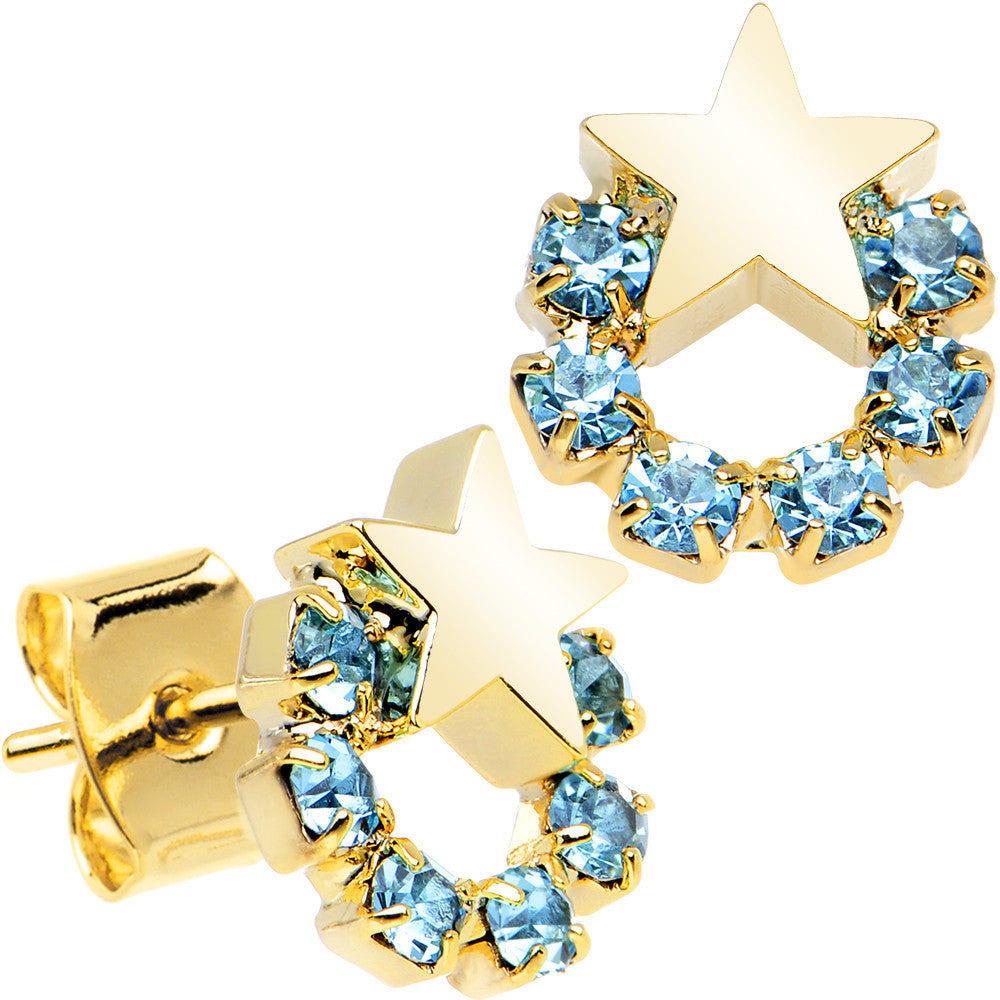 Gold Tone Stainless Steel Post Aqua Wreath Star Stud Earrings