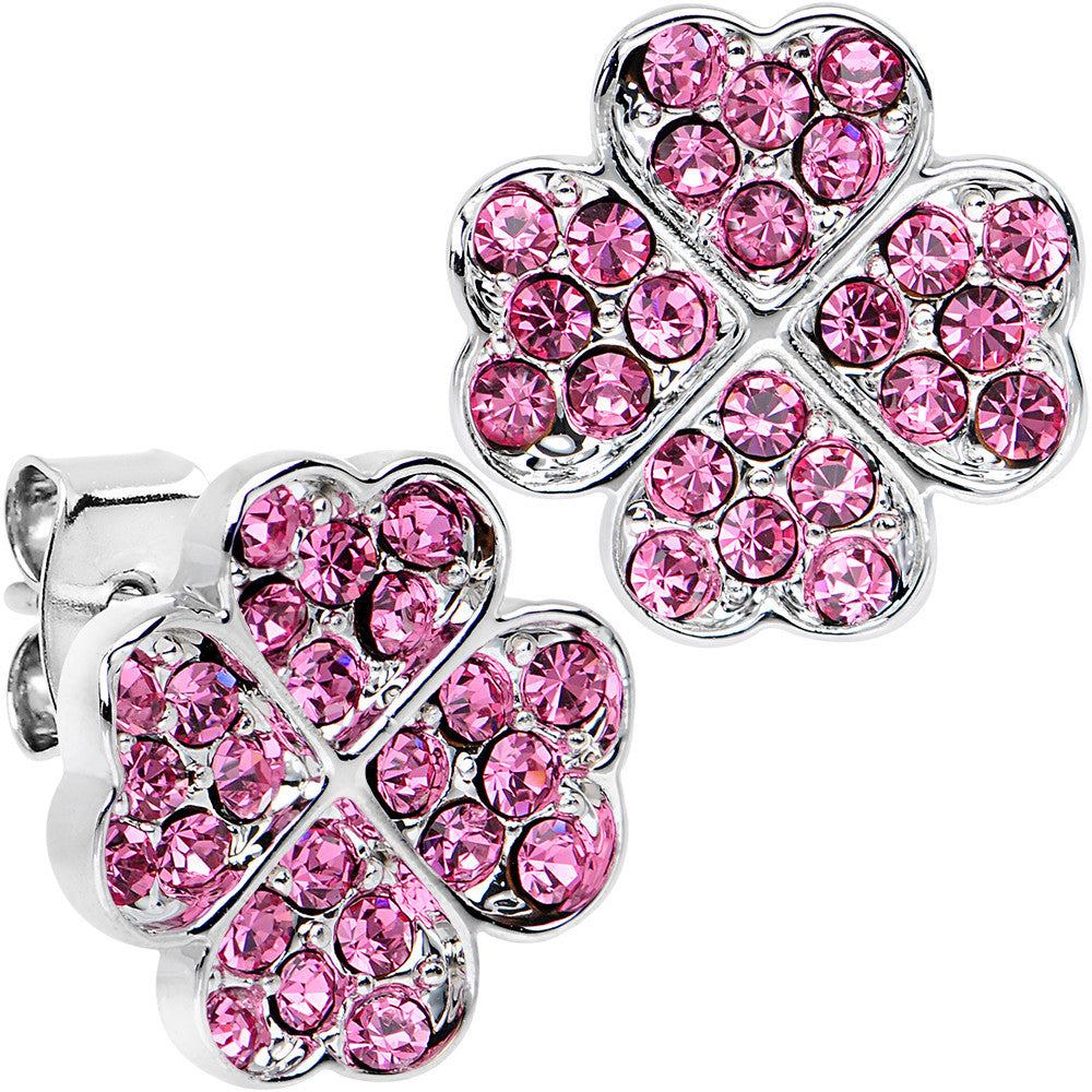 Stainless Steel Post Pink Four Leaf Clover Heart Stud Earrings