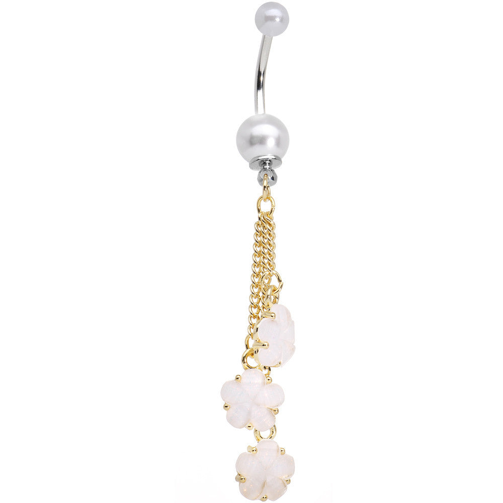 Golden Chain Pearly White Floral Dangle Belly Ring