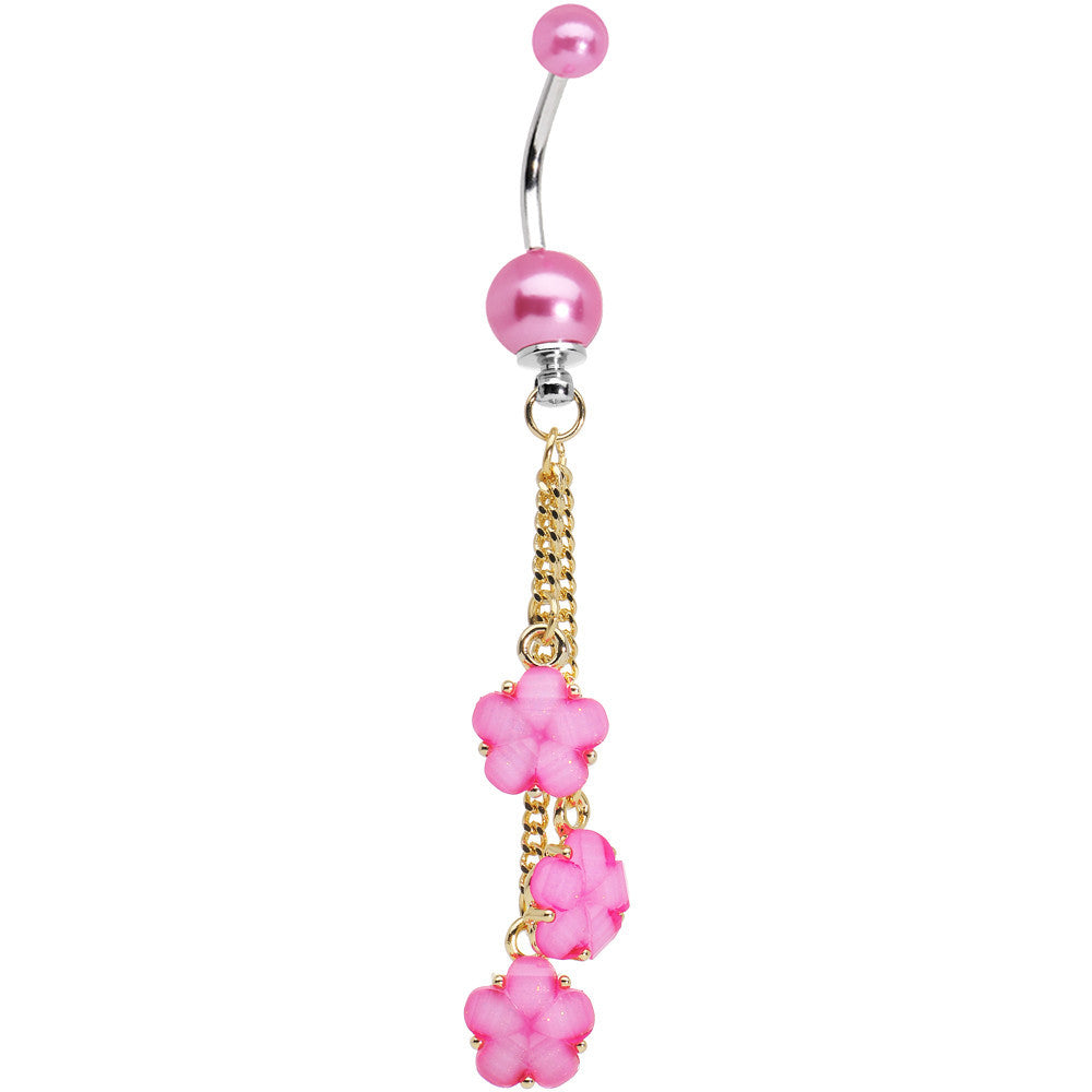 Golden Chain Pearly Pink Floral Dangle Belly Ring