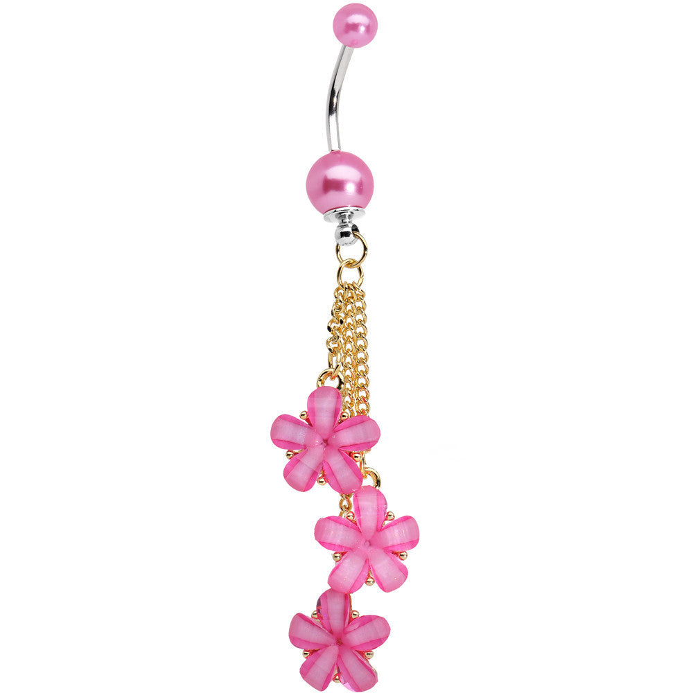 Golden Chain Hot Pink Pearly Floral Dangle Belly Ring