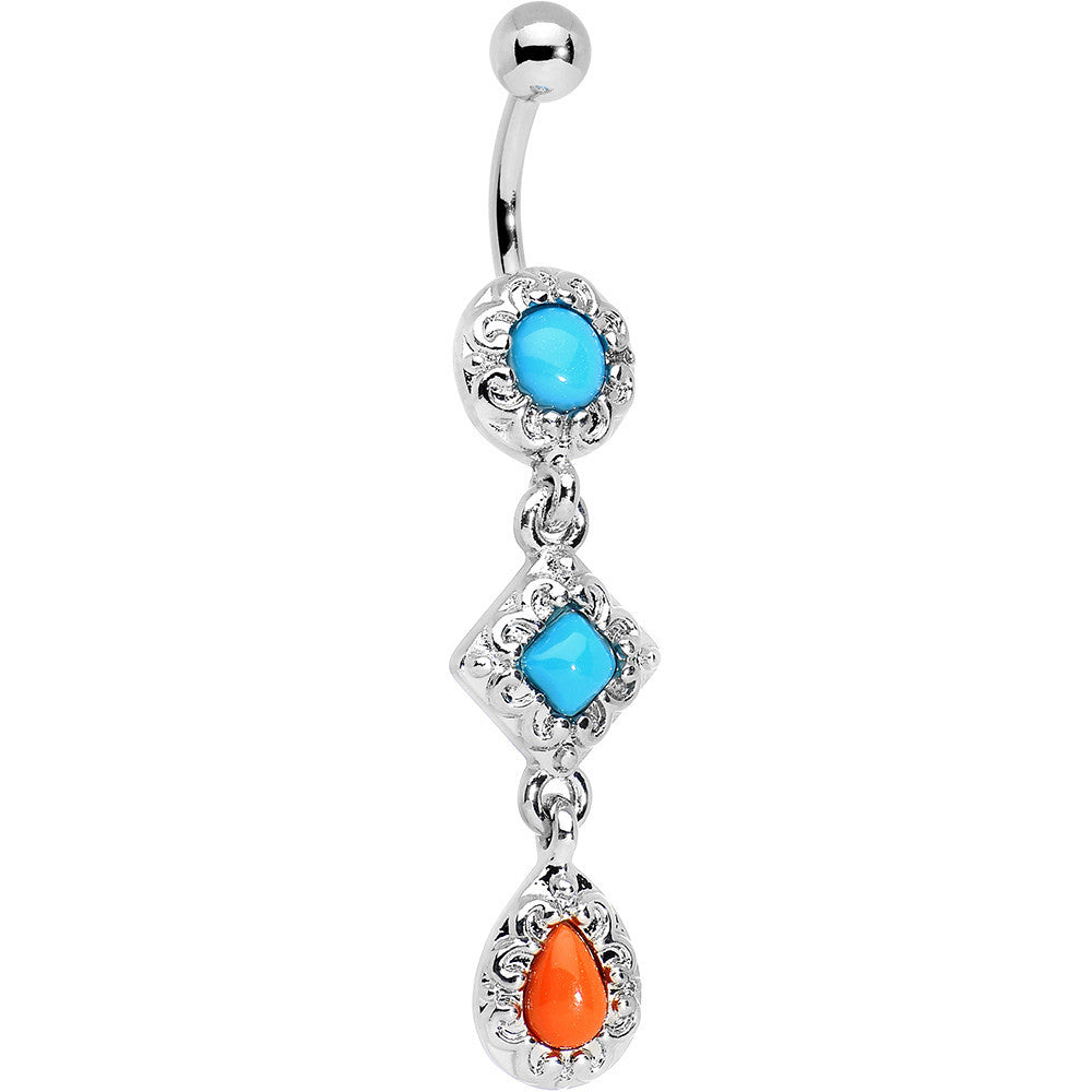 Blue Orange Czech Stone  Diamond Teardrop Dangle Belly Ring