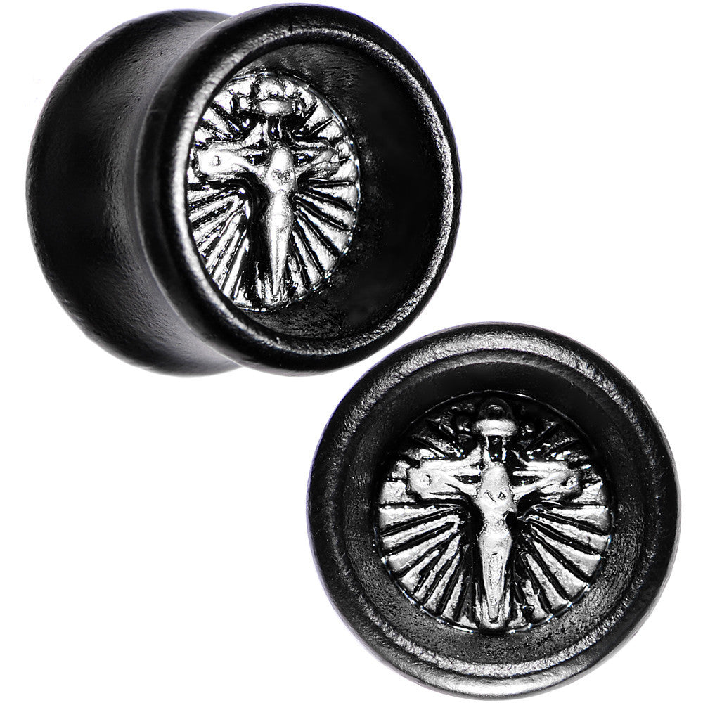 9/16 Black Organic Beechwood Stainless Steel Cross Saddle Plug Set