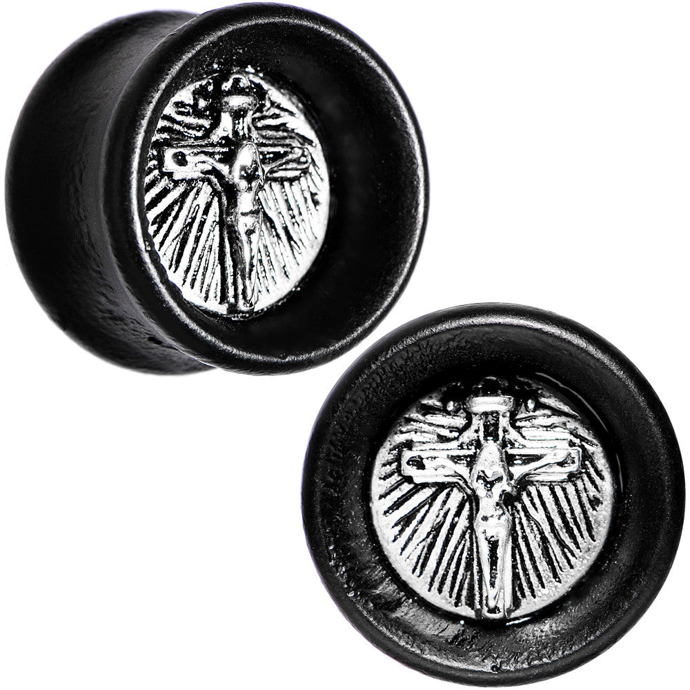 5/8 Black Organic Beechwood Stainless Steel Cross Saddle Plug Set